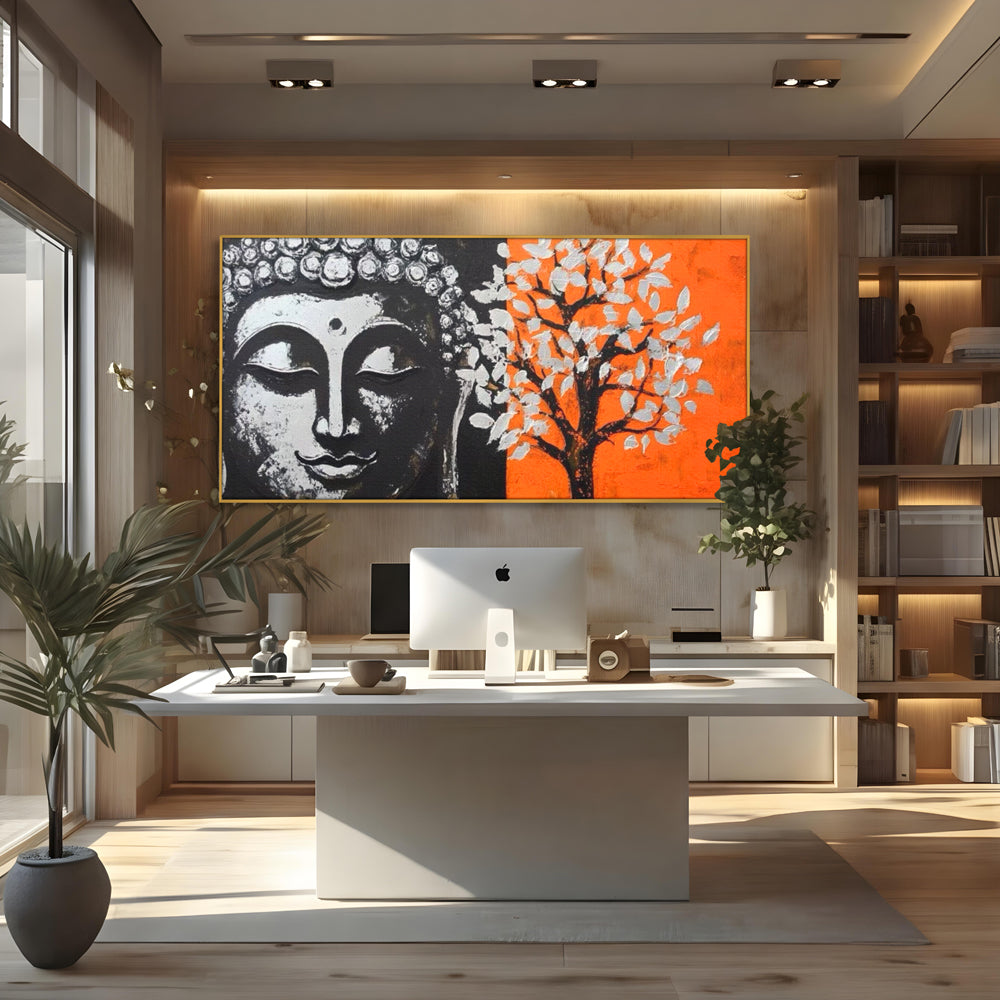 Tablou canvas cu tablou canvas cu capul lui buddha si un copac, in rama de aluminiu auriu, pe perete intr-un birou
